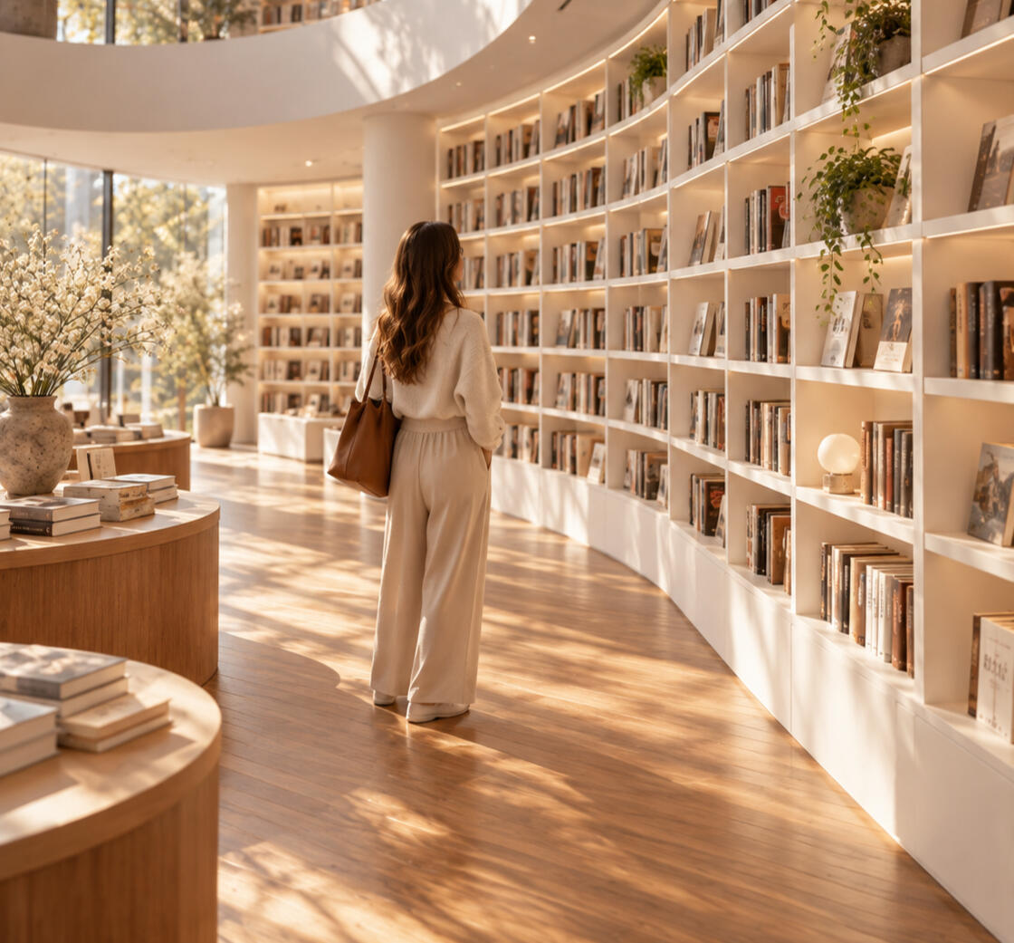 Woman in Library Looking at Books