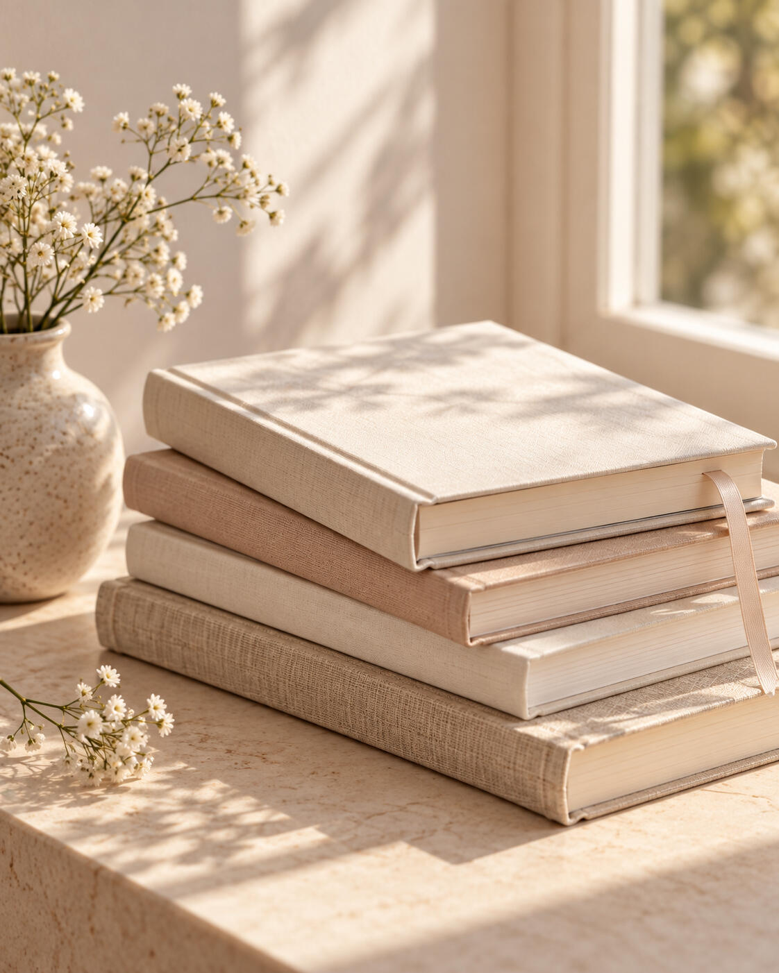 4 Journals Stacked on Table with Flowers in Back